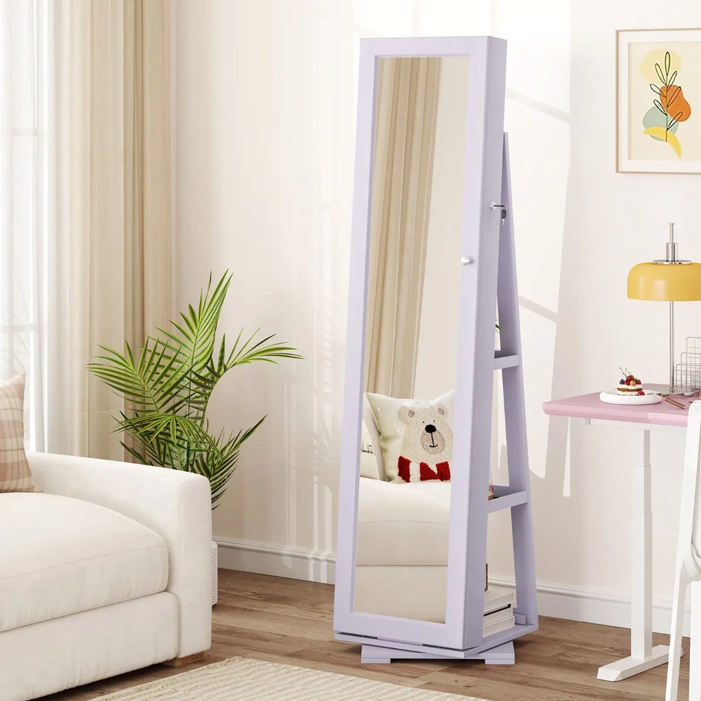 Armário para joias giratório em 360° com espelho inteiro com espelho para maquilhagem 39 x 39 x 161 cm Púrpura