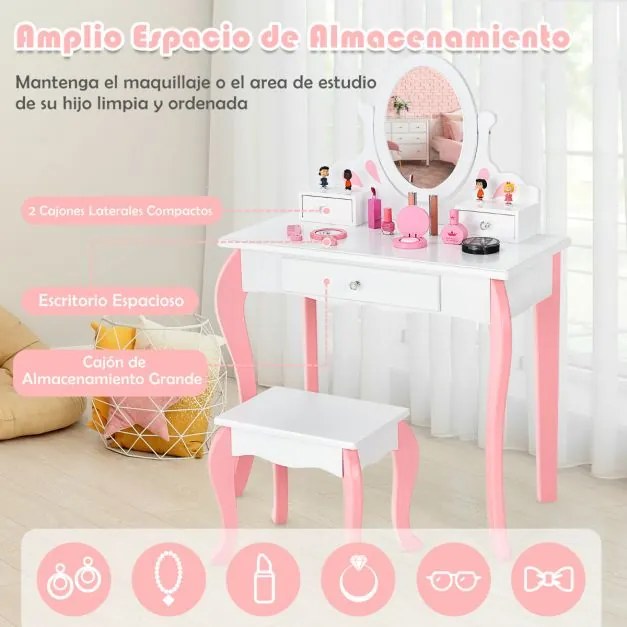 Conjunto de Toucador e Banco para Crianças Mesa de Maquilhagem para Princesas com Espelho Rotativo 360° Removível 3 Gavetas Branco e Rosa