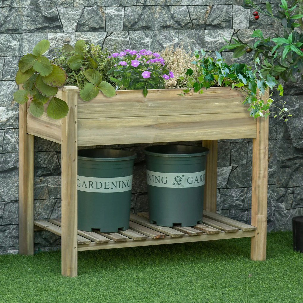 Outsunny Horta Vertical de Madeira com Prateleira 91x51x76cm Mesa de Cultivo Retangular com Orifícios de Drenagem para Cultivos de Plantas Jardim Terraço Exterior Madeira Natural
