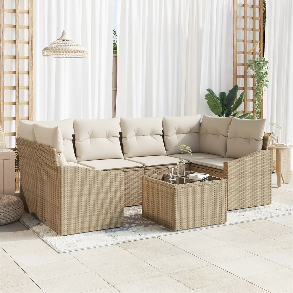 Conjunto de Jantar de Jardim 7 Peças com Almofadas Bege em Rattan Sint