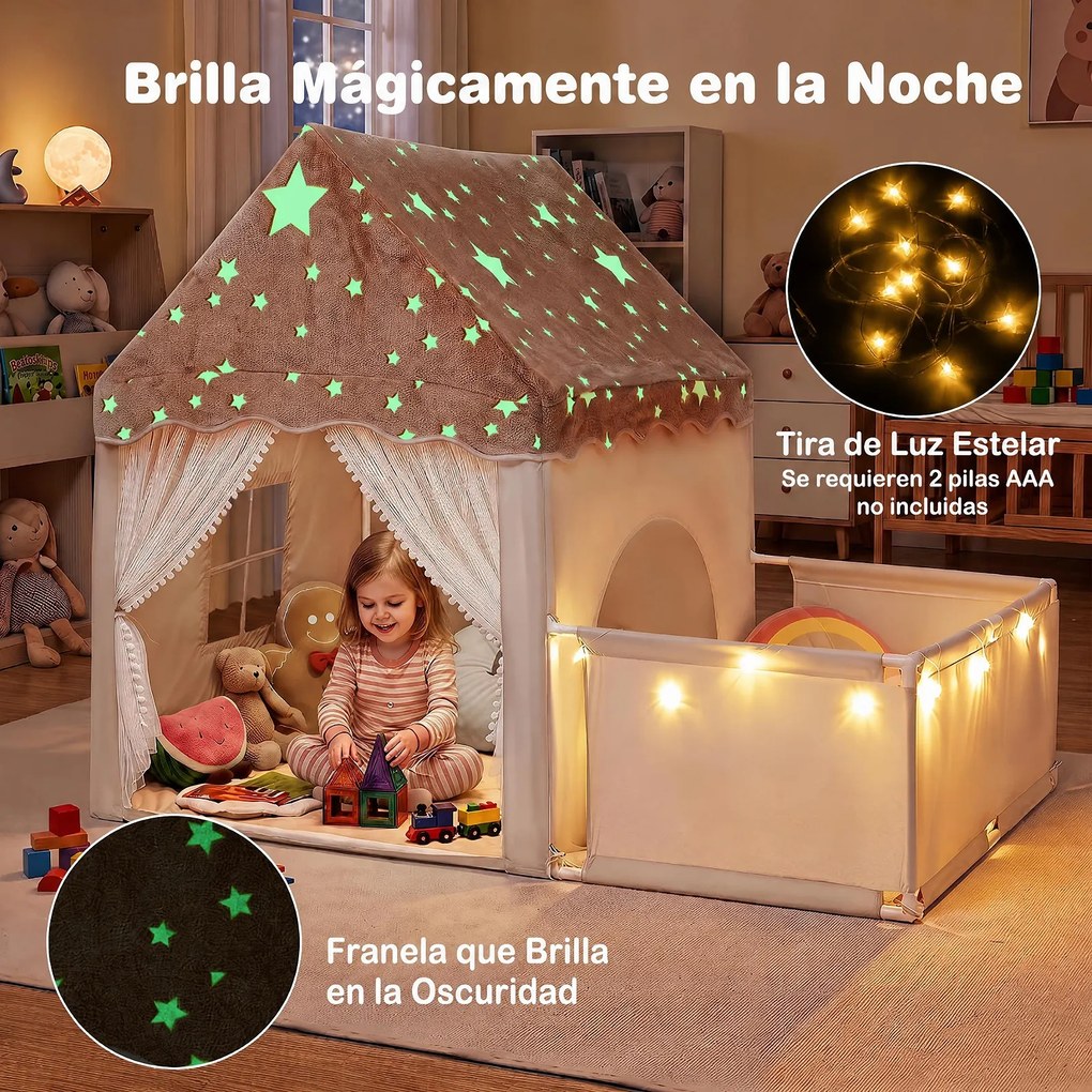 Casa de Jogos Infantil 2 em 1, 169 x 120 x 136 cm, Luzes Estreladas, Bege