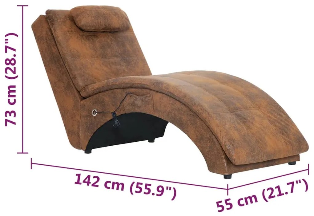Chaise longue massagem c/ almofada camurça artificial castanho