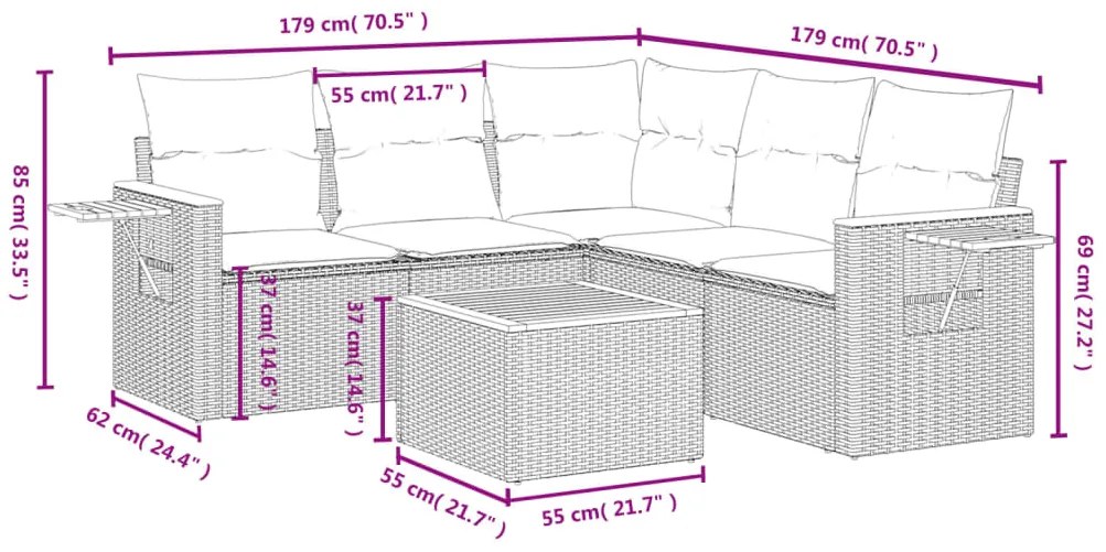 6 pcs conjunto sofás de jardim c/ almofadões vime PE preto