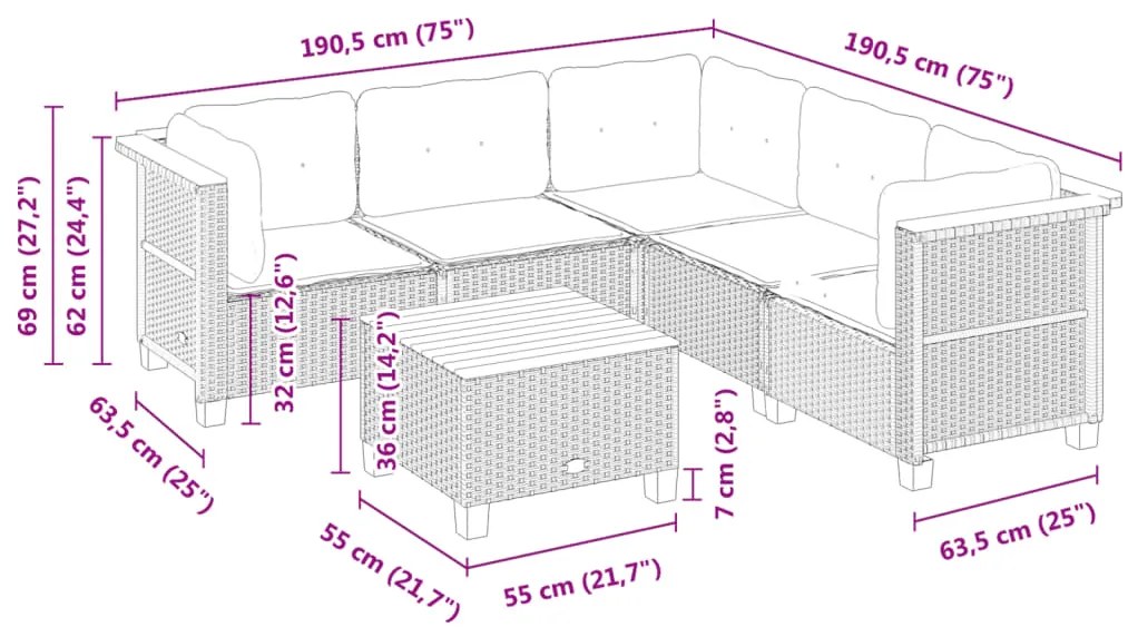 6 pcs conjunto sofás de jardim com almofadões vime cinzento