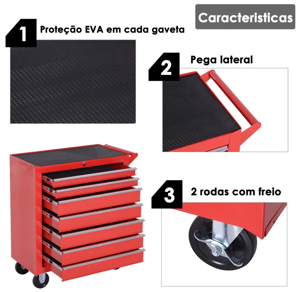 Carro de Ferramentas com Rodas Caixa Oficina Fechadura tipo Móvel de Armazenamento para Oficina Garagem e Casa Chapa de Aço Vermelho - 69x33x77.2cm