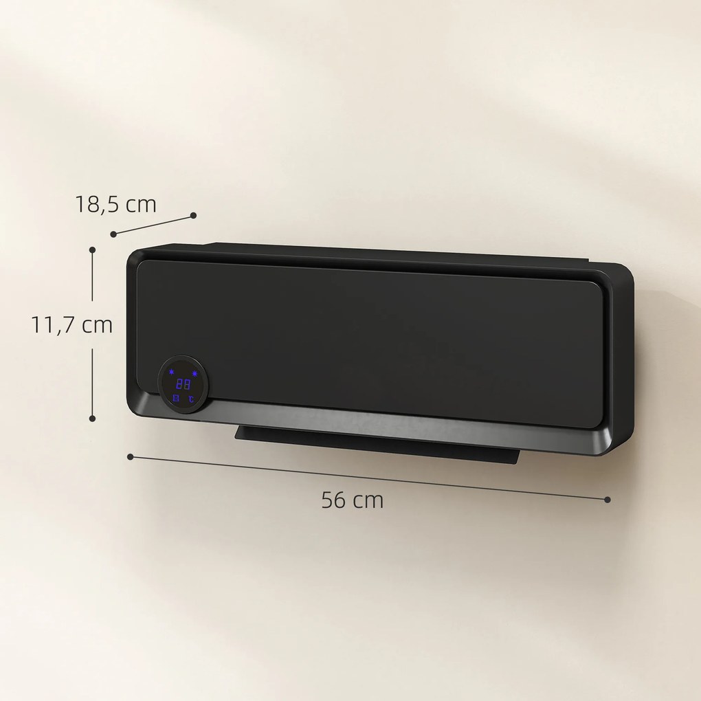 Aquecedor Cerâmico de Parede 1000W/2000W com Controle Remoto Tela LED Temporizador de 12h Termostato 56x18,5x11,7 cm Preto