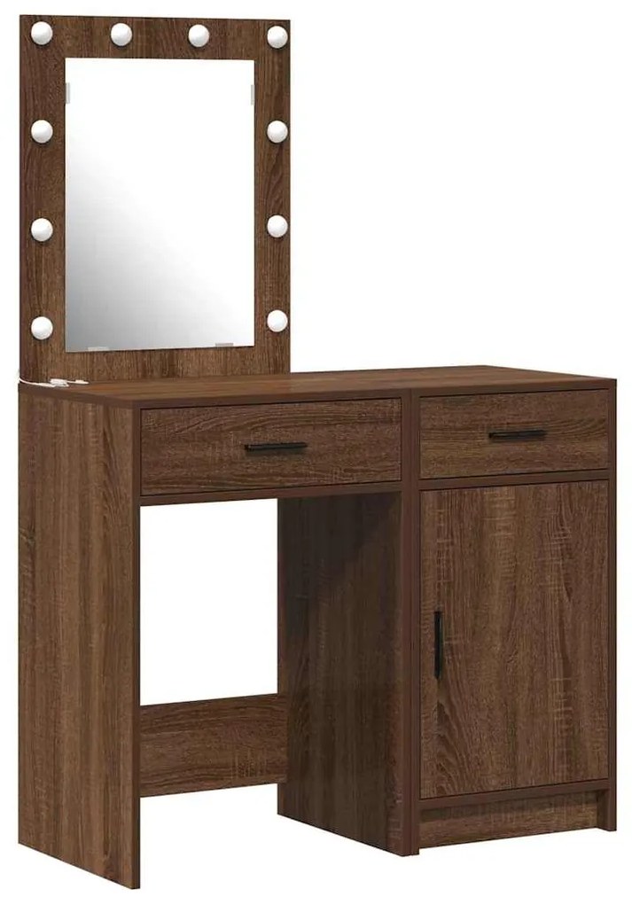 Conjunto de Mesa de Maquilhagem de 2 Peças com LED em Madeira de Carva