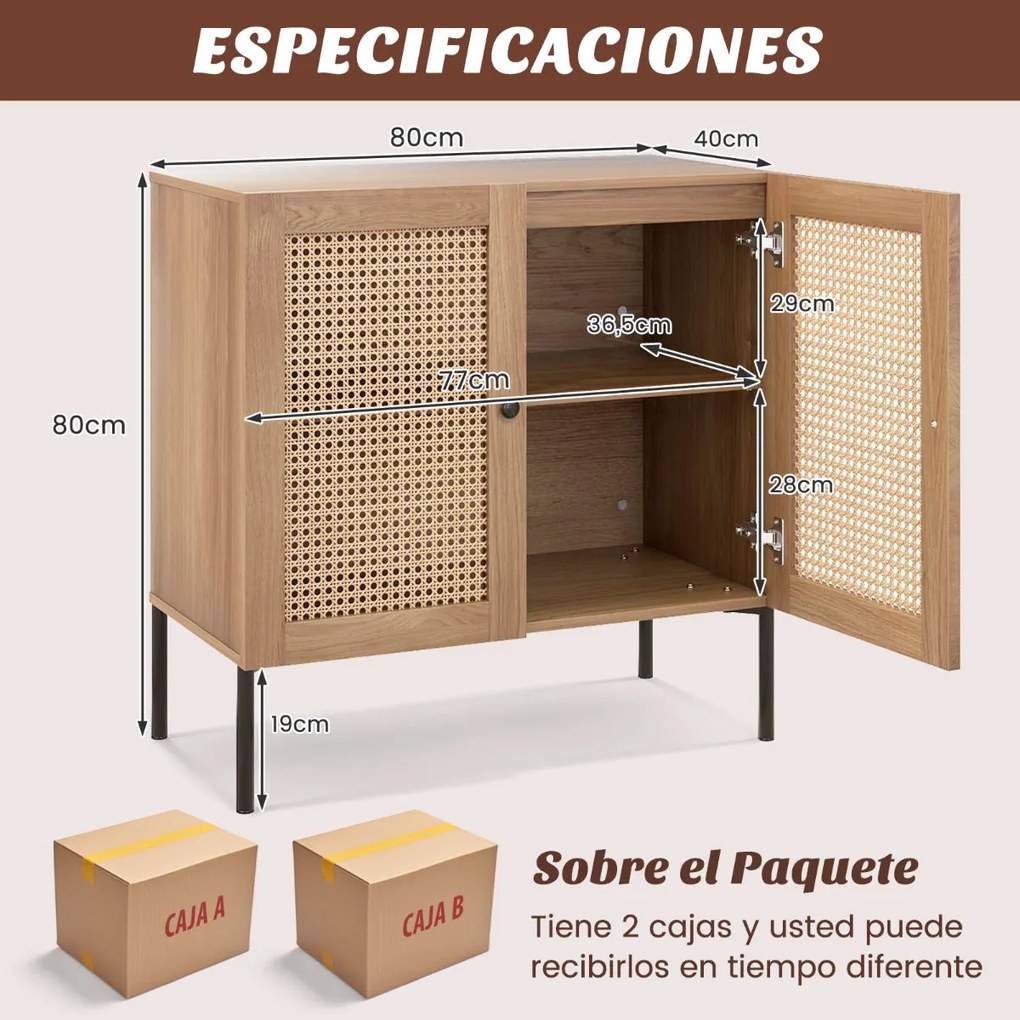 Aparador "Rattan Oak" com 2 Portas em Rattan e Prateleira Ajustável -