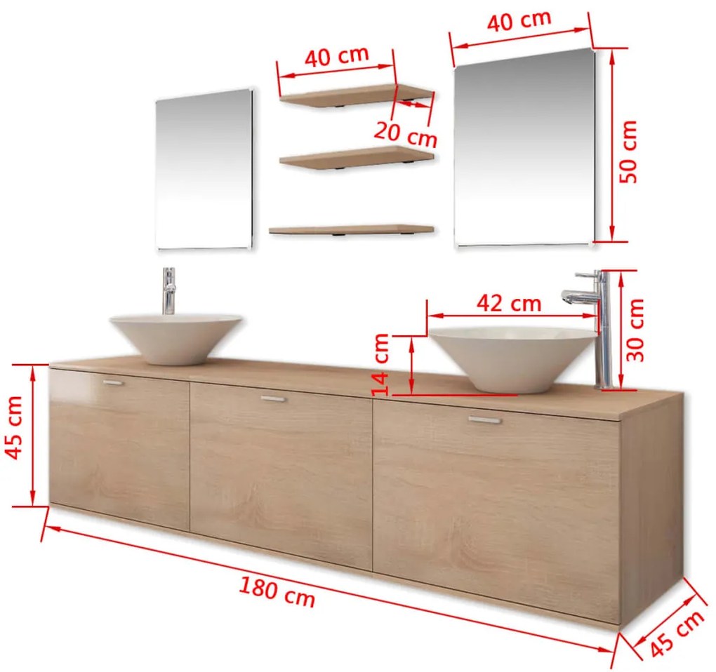 Conjunto móveis de WC + lavatório c/ torneira, 10 pcs, bege