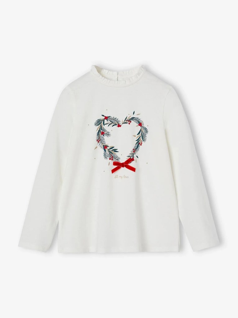 Camisola de Natal, coroa em forma de coração com purpurinas, para menina cru