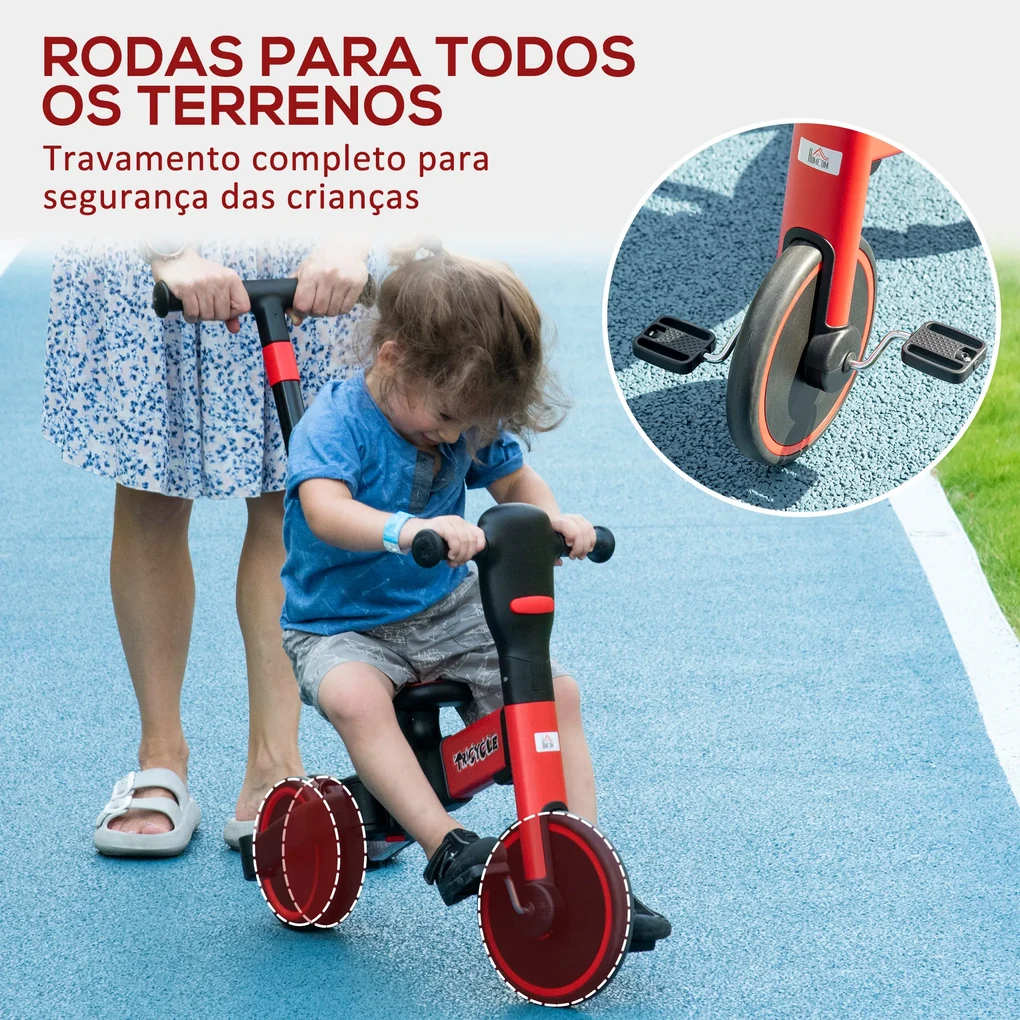 Triciclo Infantil 4 em 1 com Pedal Removível para Crianças de 2 a