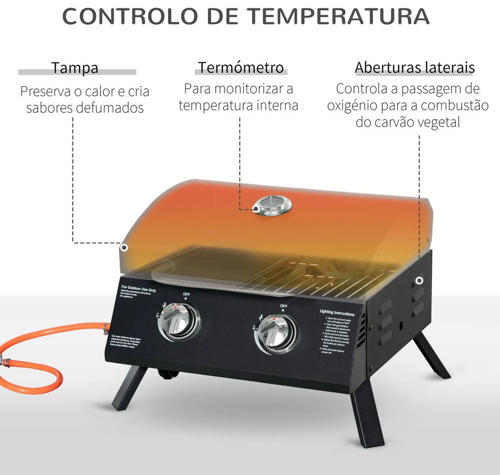 Outsunny Barbecue a Gás Dobrável com 2 Queimadores Churrasqueira à Gás Portátil com Termómetro para Campismo Piquenique ao Ar Livre Jardim 55x46,5x41cm Preto