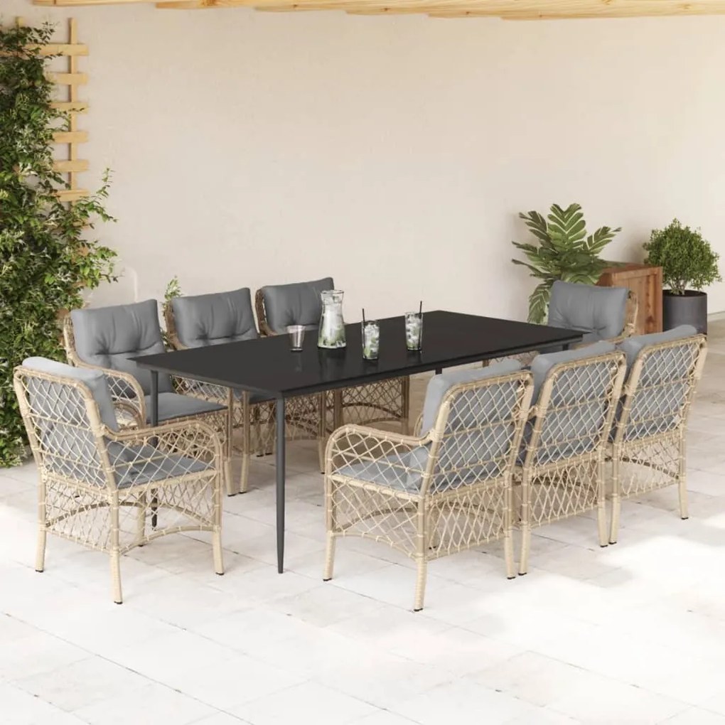 9 pcs conj. jantar jardim c/ almofadões vime PE bege misturado