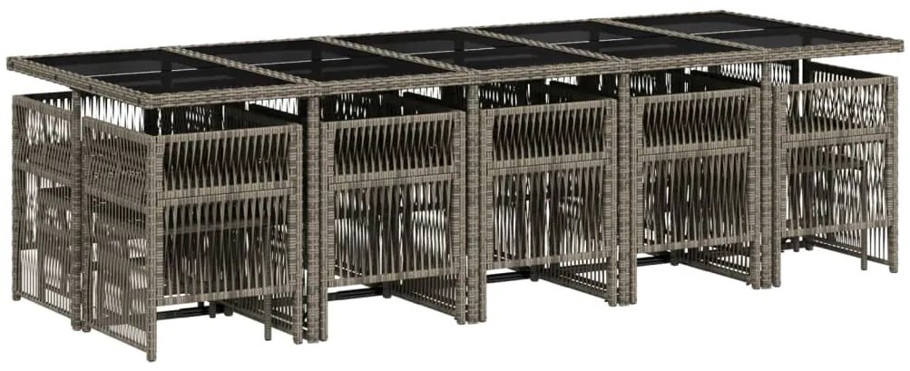 15 pcs conjunto jantar p/ jardim c/ almofadões vime PE cinzento