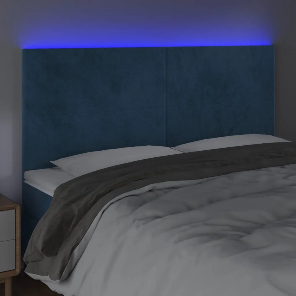 Cabeceira cama c/ luzes LED veludo 200x5x118/128cm azul-escuro