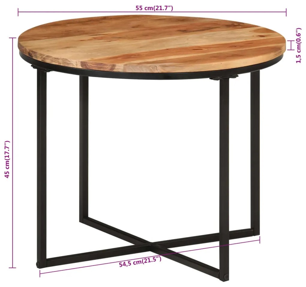 Mesa de centro 55x55x45 cm madeira de acácia maciça e ferro