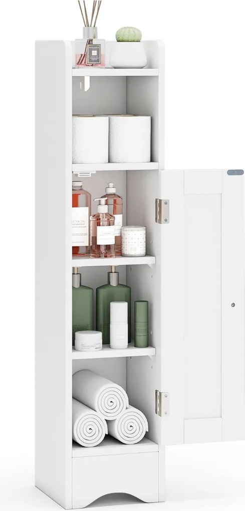 Armário estreito para casa de banho com porta e prateleiras ajustáveis, suporte para rolo de papel higiénico 18 x 19,5 x 80 cm Branco