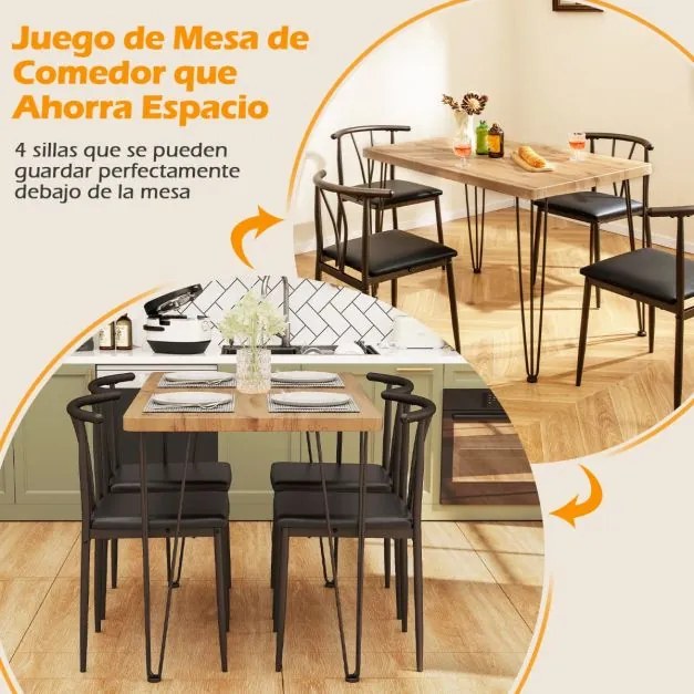 Conjunto de mesa de jantar de 5 peças Mesa retangular industrial com 4 cadeiras e Estrutura metálica Carvalho Rústico + Preto