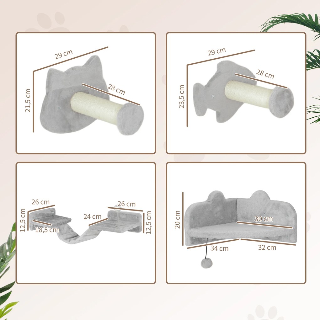 Conjunto de Prateleiras de Escalada para Gatos de 4 Peças com 2 Postes de Sisal e Plataforma para Saltar Cinzento