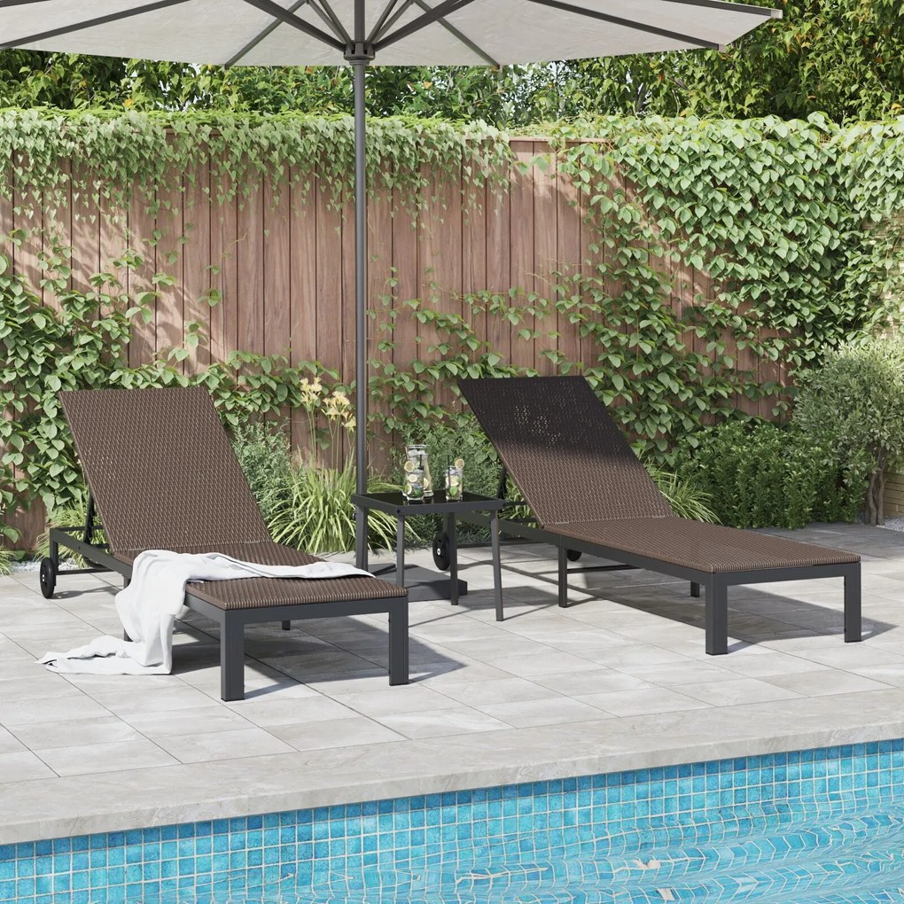 Conjuntos de espreguiçadeiras 2 pcs com rodas e mesa em rattan sintéti