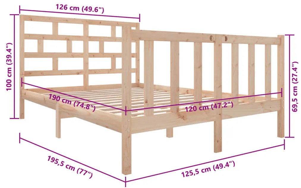 Estrutura de cama pequena casal 120x190 cm pinho maciço