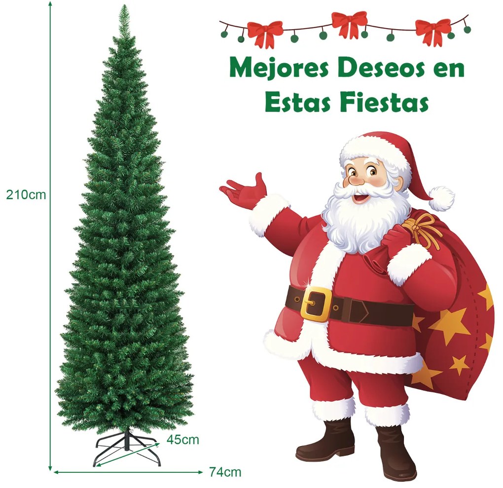 Árvore de Natal de 210 cm Agulhas de PVC Estrutura articulada Base metálica Decoração de casa escritório loja Verde