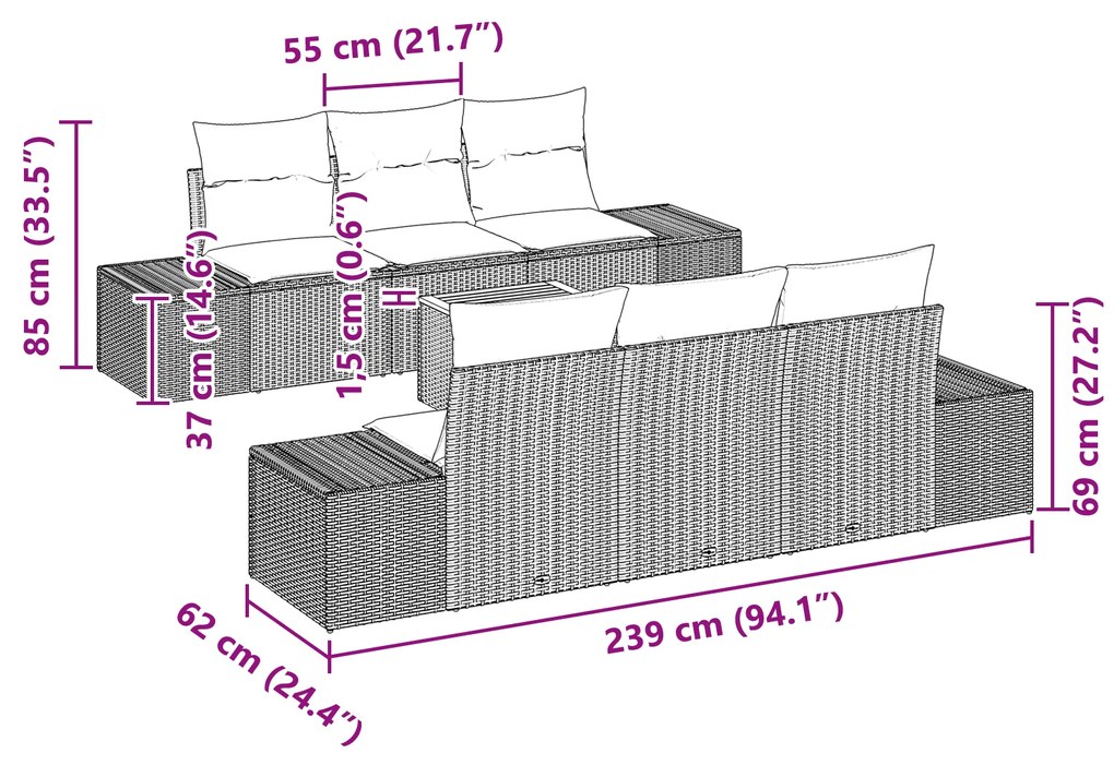 Conjunto de Sofás de Jardim com 7 Peças e Almofadas Preto Rattan Polié