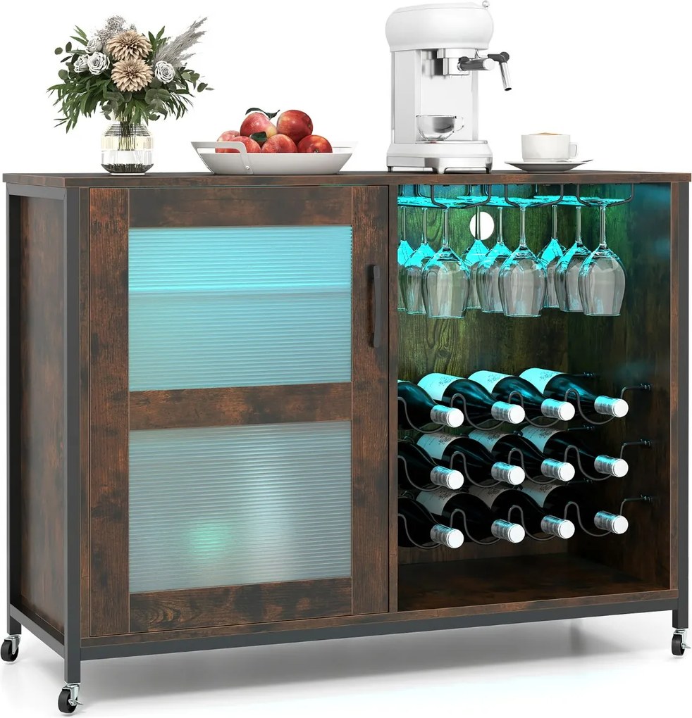 Garrafeira para Vinhos 108 x 40 x 81 cm com Luz LED de Cozinha com Prateleiras Ajustáveis Suportes para Copos e Garrafas Móvel Castanho