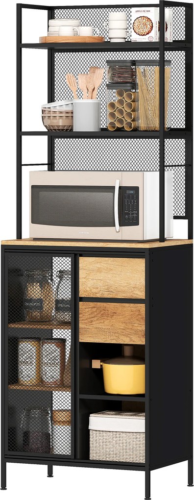 Armário de cozinha 60 x 40 x 180 cm, com porta de correr, gavetas e prateleiras abertas, efeito de madeira natural, preto