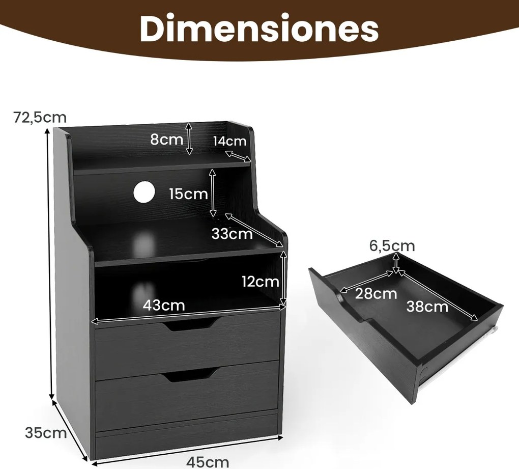 Mesa de cabeceira LED com estação de carregamento com 2 gavetas e prateleira aberta 45 x 35 x 72,5 cm Preto