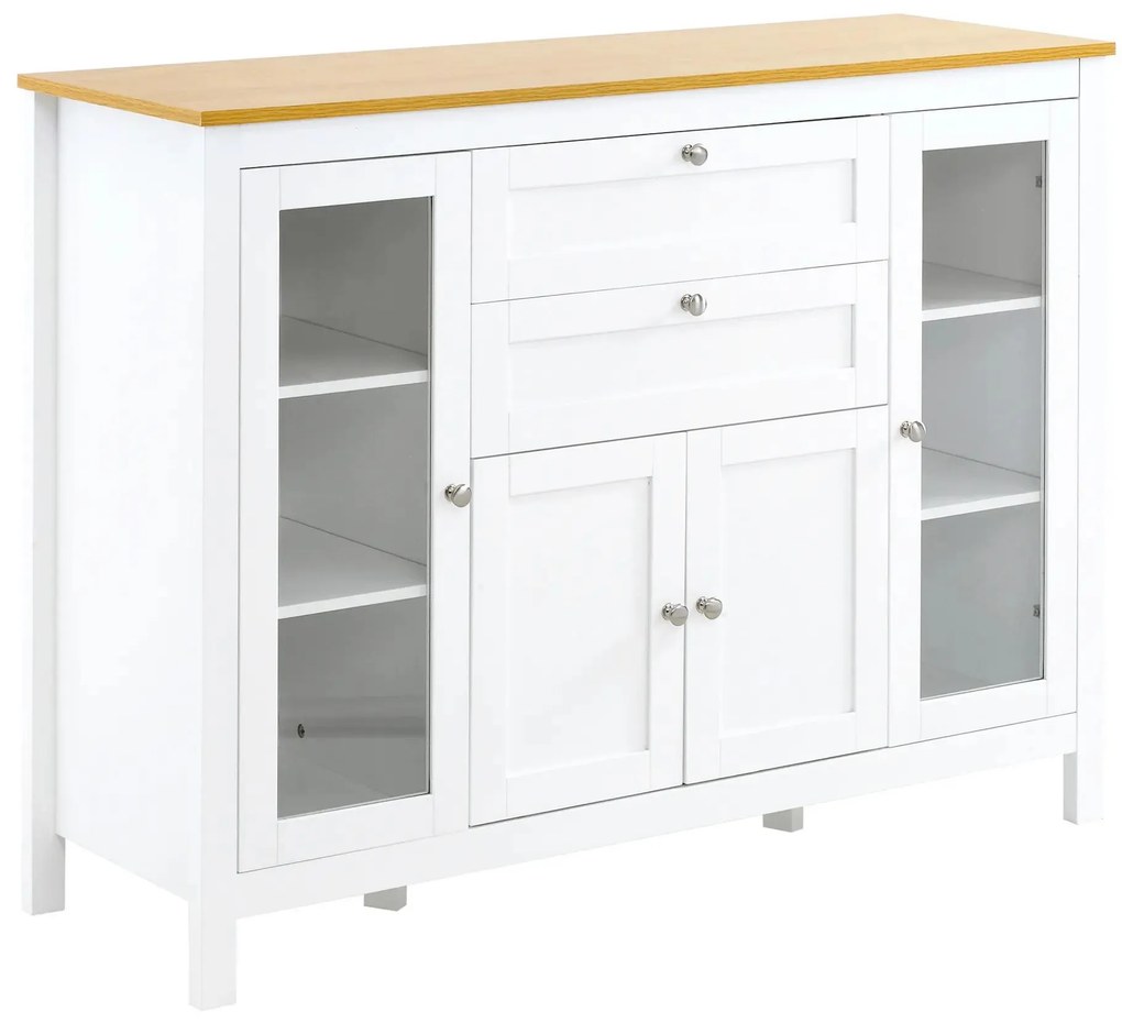 HOMCOM Aparador Branco de Cozinha com 2 Gavetas 2 Portas de Vidro e Prateleiras Ajustáveis Móvel de Armazenamento 120x40x90 cm Branco | Aosom Portugal