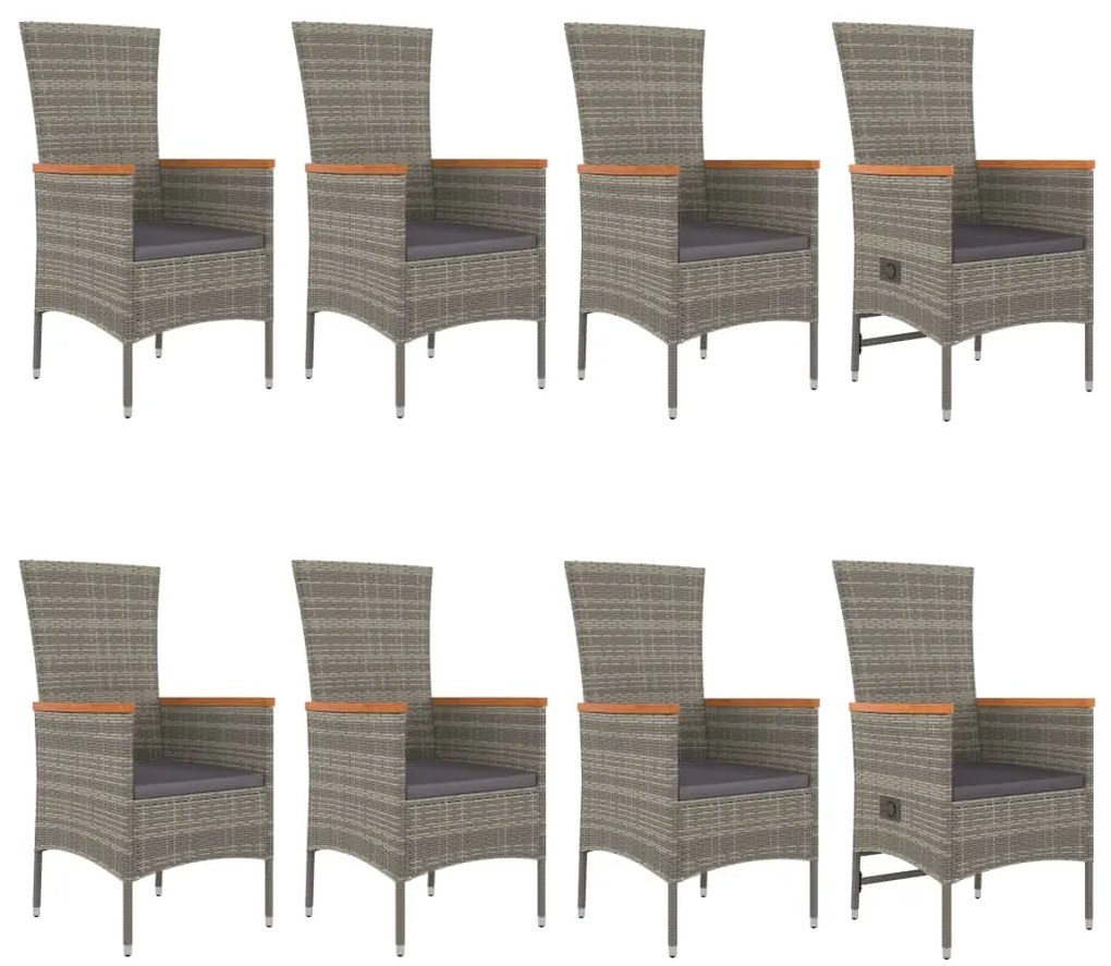 9 pcs conjunto de jantar p/ jardim c/ almofadões vime PE cinza