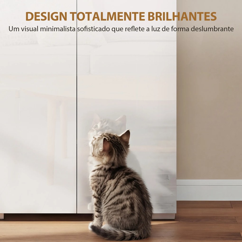 Armário de Cozinha Móvel Auxiliar de Cozinha com 4 Portas Compartimento Aberto Prateleiras Ajustáveis 68x34x180 cm Branco Brilhante