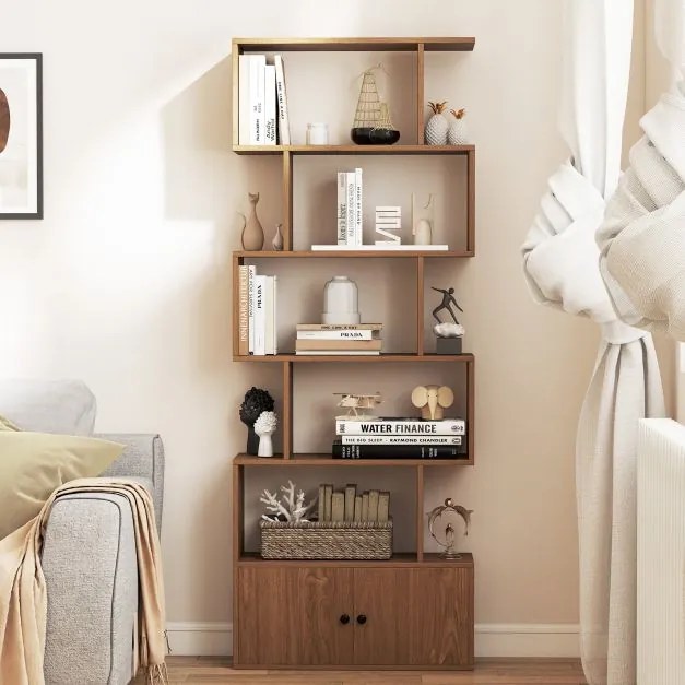 Estante de 5 Níveis com Armário de 2 Portas, 70 x 23 x 183 cm, Design em Forma de S, Natural