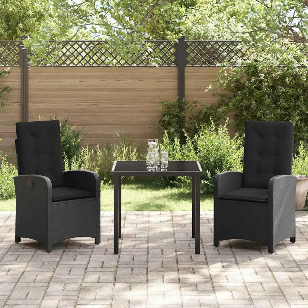 Conjunto de Jantar de Jardim em 3 Peças com Almofadas Preto Rattan Sin