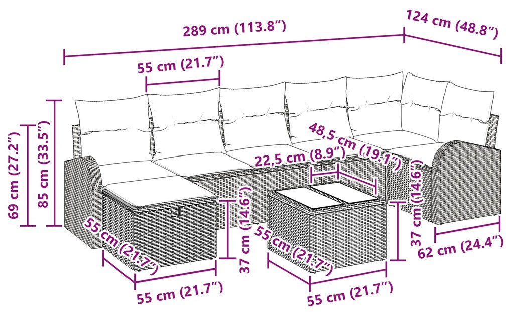 Conjunto de Sofás de Jardim de 8 Peças com Almofadas Bege em Rattan Po