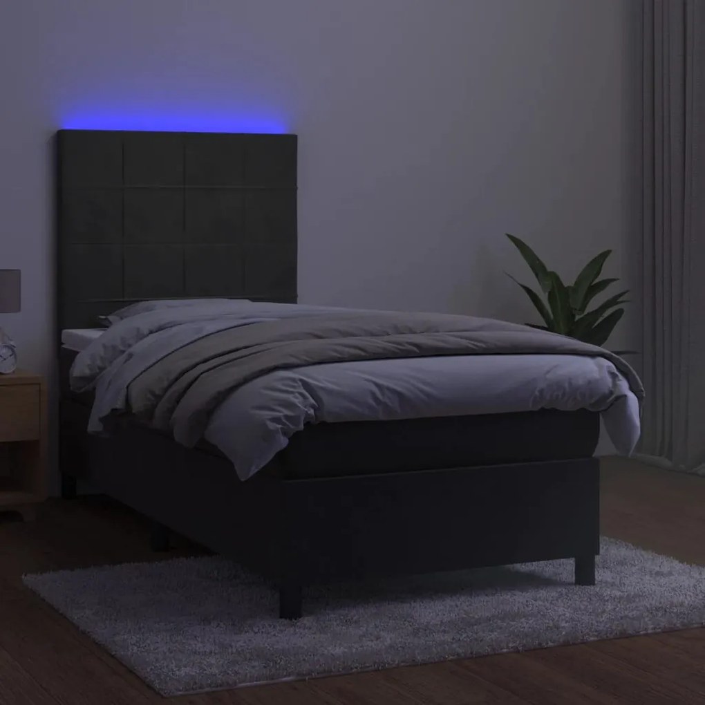 Cama box spring c/ colchão/LED 90x200 cm veludo cinzento-escuro