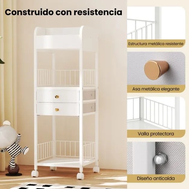 Carro organizador de cuidados maquilhagem 30 x 30 x 90 cm com a pele com gavetas e prateleiras de armazenamento com rodas Branco