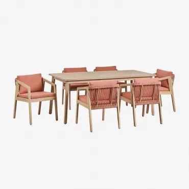 Conjunto De Mesa Retangular 180x90 Cm E 6 Cadeiras De Jantar Em Madeira De Acácia E Corda Trançada Kaela Marrom Acácia Claro & Tecido Terracota -