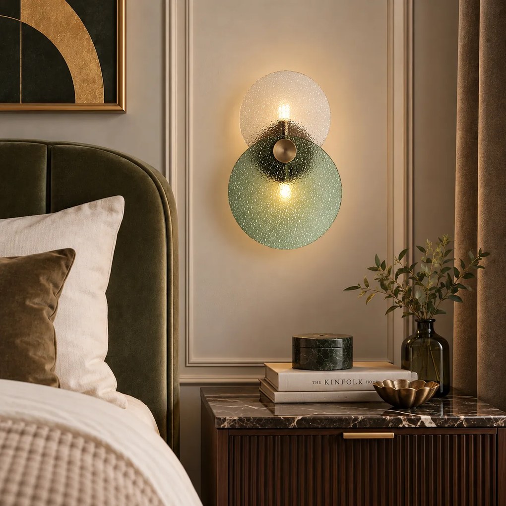 Candeeiro de Parede Art Deco Bronze Escuro com Vidro Verde e Transparente 2 Luzes - Text