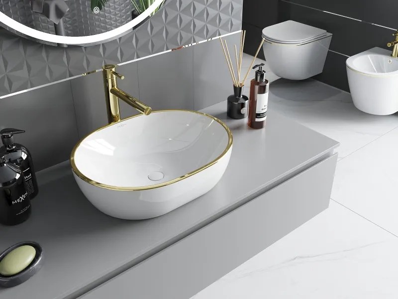 Mexen Viki lavatório de mesa 48 x 35 cm, branco/com borda dourada - 21054805