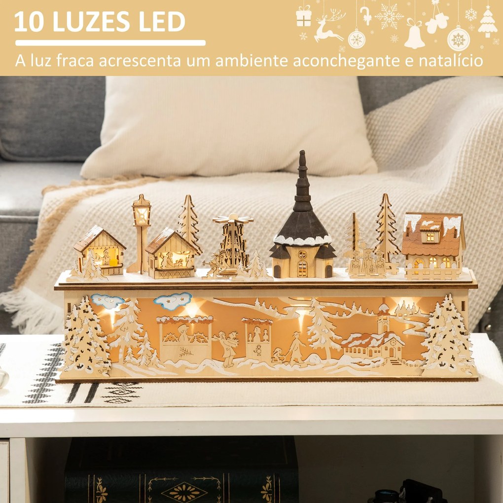 Casa de Vila de Natal com 10 Luzes Cena Natalícia Iluminada Decoração de Natal para Escritório Mesa Lareiras 45x10x25cm Madeira