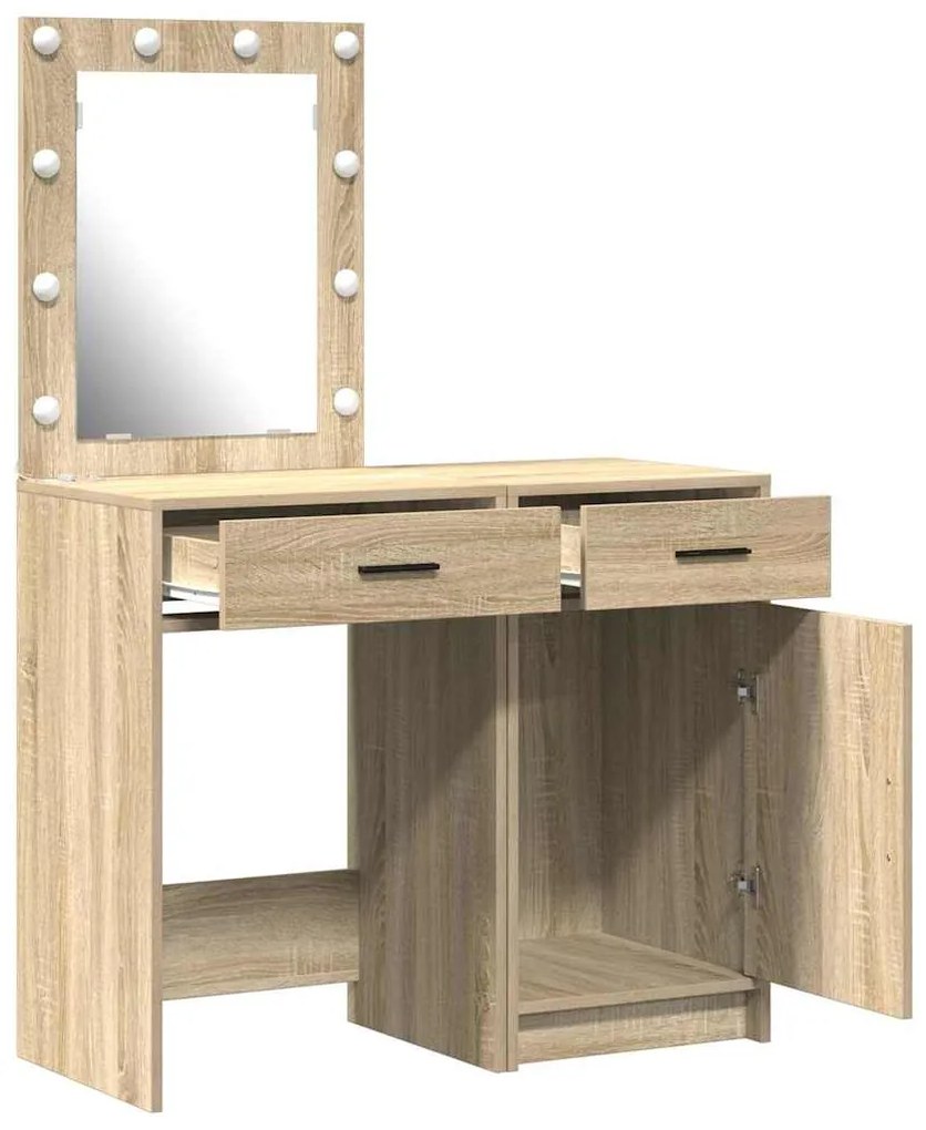 Conjunto de Pia de Maquiagem de 2 Peças com LED em Madeira de Carvalho