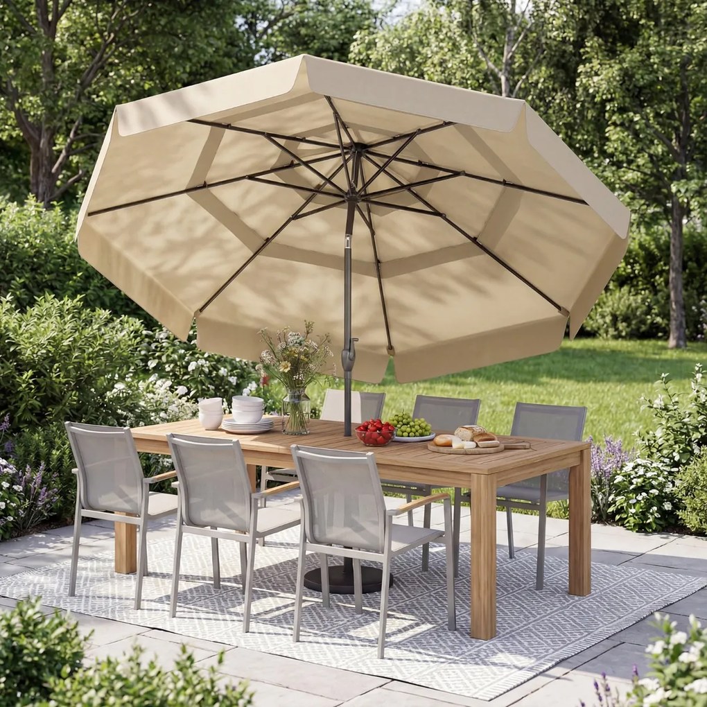 Guarda-sol de 300 cm com teto ventilado (BASE NÃO INCLUIDA), 3 níveis de folhas, inclinação ajustável por manivela e 8 varas – para jardim, piscina e