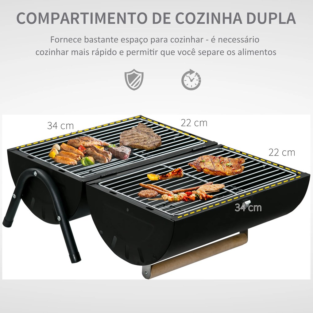 Outsunny Churrasqueira portátil a carvão com 2 grelhadores Cozinha com puxador e fechadura para churrasco Picnic Camping 42x26x42 cm Preto