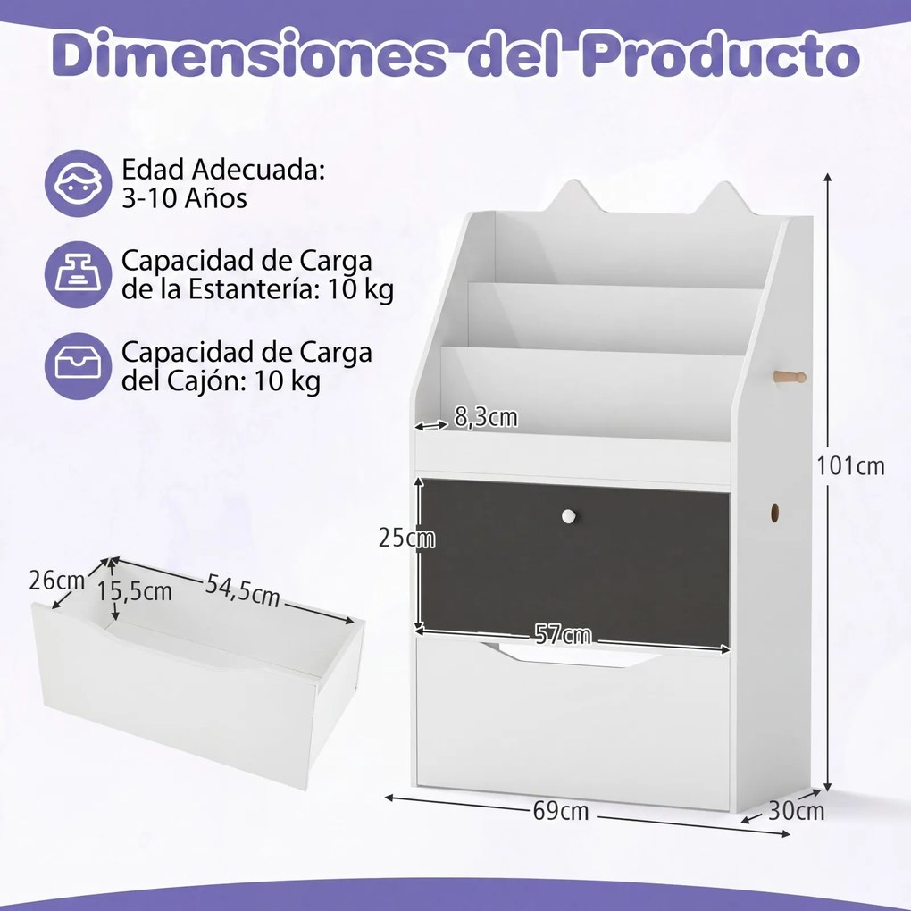 Estante Infantil para Livros e Brinquedos, 69 x 30 x 101 cm, Quadro de Ardósia Integrado, Branco