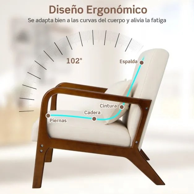Poltrona Moderna 79 x 65 x 77 cm com Estrutura em Madeira de Borracha Almofada Lombar Almofadas de Feltro Antiderrapantes Bege