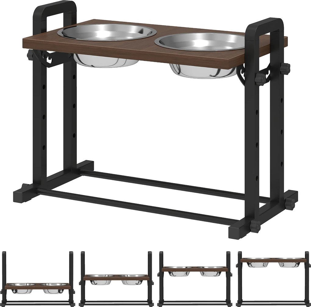 PawHut Comedouro elevado para cães, 4 alturas ajustáveis com suporte, 2 x 1,2 L tigelas de aço inoxidável, 3 ângulos ajustáveis, Castanho | Aosom Portugal