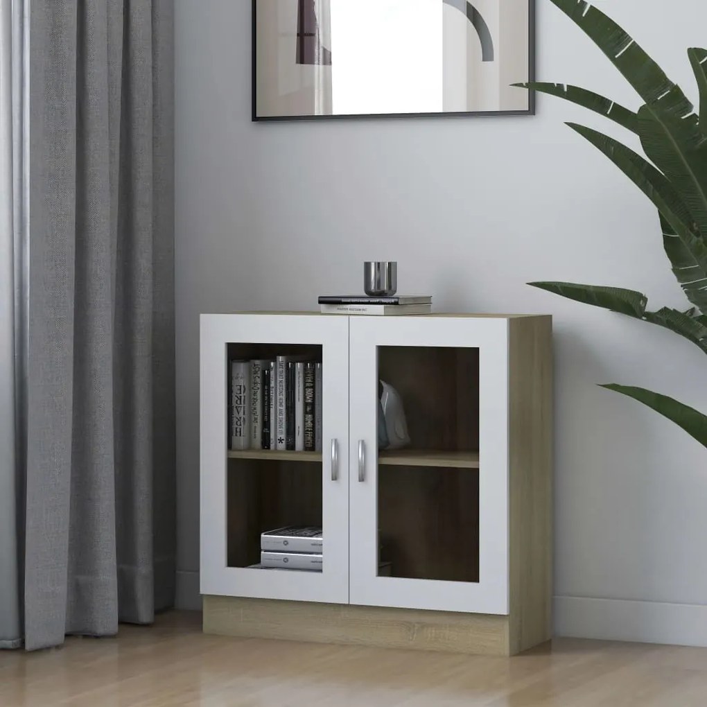 vidaXL Armário vitrine 82,5x30,5x80cm contraplacado branco e carvalho