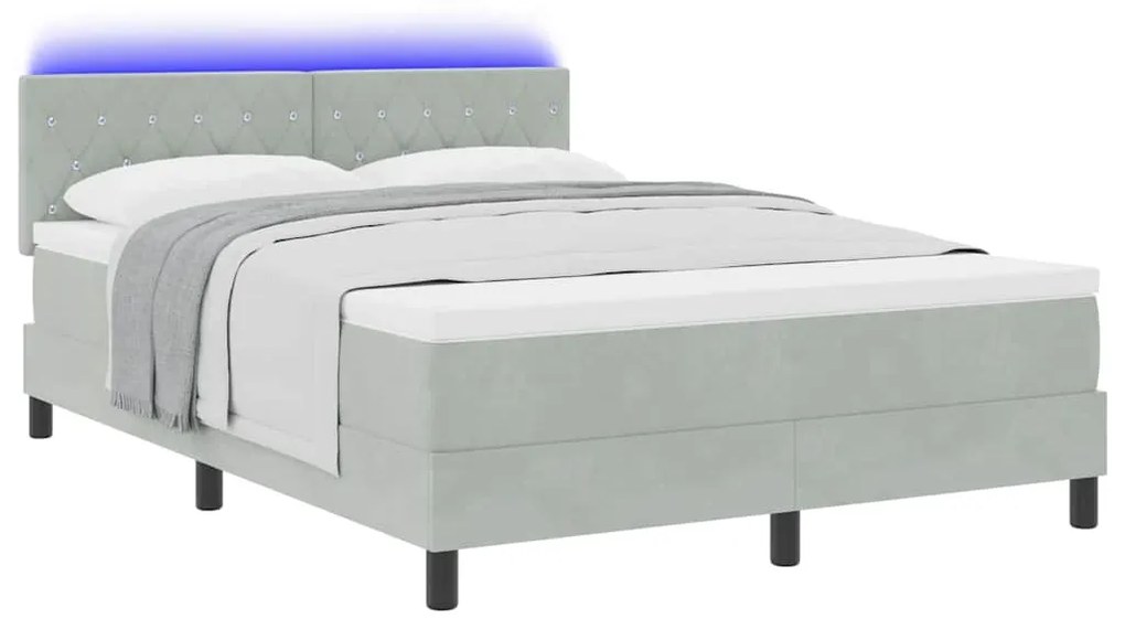 Cama Box com Colchão e Luz LED Cinza Claro 140x200 cm em Veludo